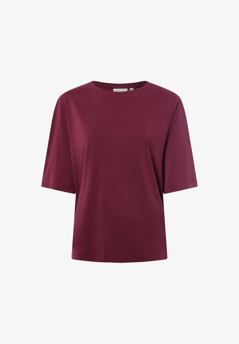 Burgunderfarbenes T-Shirt mit kurzen Ärmeln und Rundhalsausschnitt, aus glattem Stoff gefertigt. Hat einen lockeren Schnitt und keine sichtbaren Muster oder Akzente.
