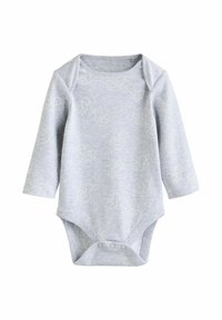 Gray long-sleeve baby onesie crafted from soft cotton, featuring an all-over light yellow duck pattern and snap closures at the bottom.