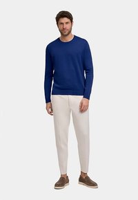 Königsblauer Pullover mit langen Ärmeln, Rundhalsausschnitt, gerippter Saum. Kombiniert mit weißen, zulaufenden Hosen und hellbraunen Loafers. Einfaches, sauberes Design.