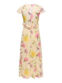 Robe longue crème avec imprimé floral jaune, rose et violet, manches courtes volantées, détail froncé à la taille et fermeture boutonnée au dos.