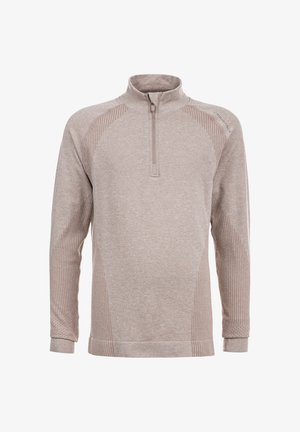 Grijze, lichte pullover met een halve rits kraag. Beschikt over textuurrijke zijpanelen en geribbelde accenten op de mouwen. Zachte stofafwerking.