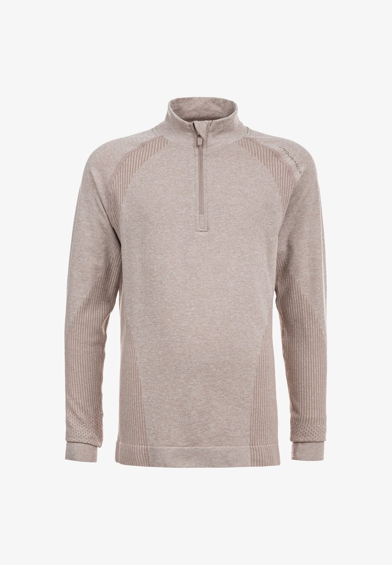 Grau, leichter Pullover mit einem Halb-Reißverschluss-Kragen. Verfügt über strukturierte Seitenpanels und gerippte Akzente an den Ärmeln. Weiche Stoffoberfläche.