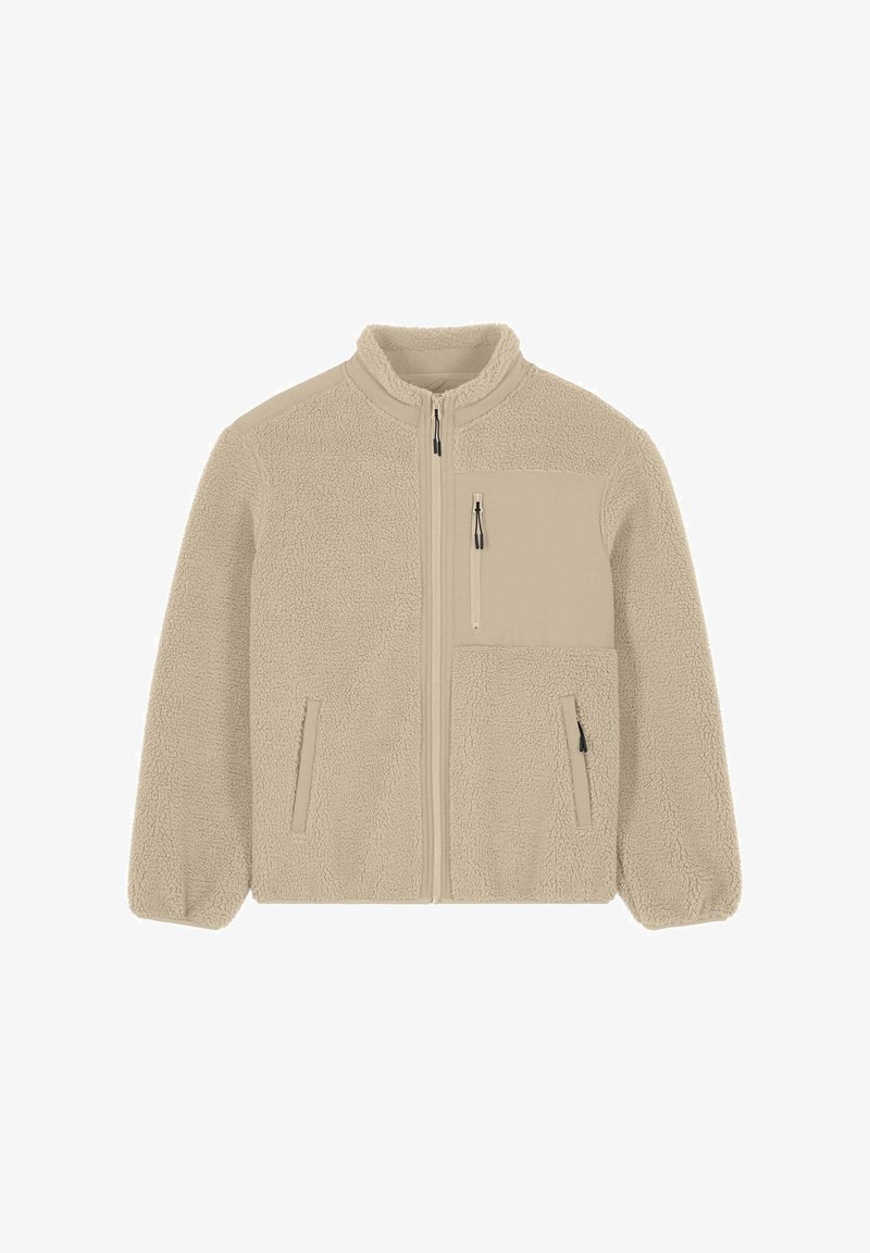 Giacca in pile beige con cerniera integrale, collo alto, polsini elastici, due tasche laterali e una tasca sul petto con cerniera.