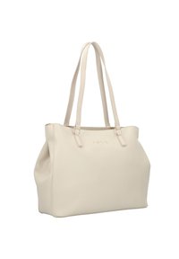 Tote bag en cuir couleur crème avec deux poignées, surface texturée et détail du logo en doré à l'avant.