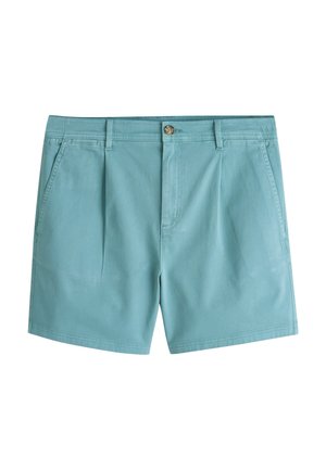 Lichtblauwe herenshorts met riemlussen, knoop- en ritssluiting aan de voorkant en zijzakken, getoond op een witte achtergrond.