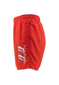 Pantalones cortos deportivos rojos con una cinturilla elástica, que presentan un diseño blanco de gatos saltadores a lo largo del lado izquierdo. Hechos de material ligero.