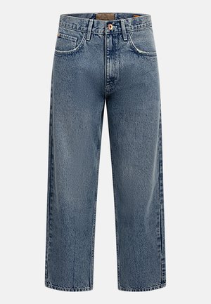 Φαρδιά τζιν παντελόνια από ανοιχτό μπλε ντένιμ με ψηλή μέση, με κούμπωμα με κουμπί μπροστά και σχεδιασμό με πέντε τσέπες, που παρουσιάζουν ξεβάμμένη υφή.