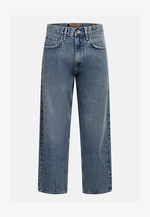 Svetlo modre široke kavbojke z visokim pasom, z zapiranjem na gumbe spredaj in dizajnom s petimi žepi, s poudarjeno posivelo teksturo.