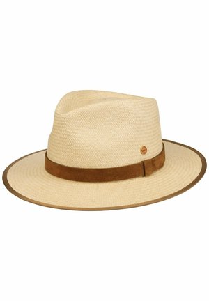 Beige woven straw fedora hat with a brown suede band and a pin on the side, featuring a wide brim and a pinched crown.