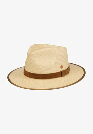 Beige woven straw fedora hat with a brown suede band and a pin on the side, featuring a wide brim and a pinched crown.