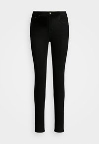 Svarta skinny jeans i bomullsblandning, med hög midja, fem fickor och en framknapp med dragkedjestängning. Slät textur.