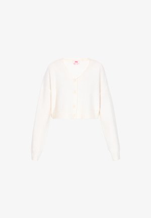 Cardigan corto crema in morbido tessuto a maglia, con scollo a V, maniche lunghe e cinque bottoni sul davanti. Design pulito e semplice.