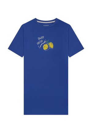 Maglietta di cotone blu con maniche corte e collo rotondo. Grafica frontale di limoni con testo "Enjoy Fresh Lemonade" in bianco e verde.