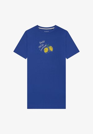 Maglietta di cotone blu con maniche corte e collo rotondo. Grafica frontale di limoni con testo "Enjoy Fresh Lemonade" in bianco e verde.