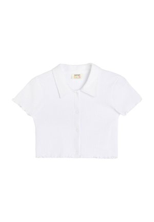 Weißes, geripptes Kurzarm-Crop-Top mit einer Knopfleiste und einem spitzen Kragen. Verfügt über einen gerafften Saum für eine taillierte Passform.