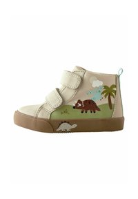 Scarpa alta beige con due cinturini in velcro. Presenta grafica di dinosauri in marrone, verde e blu sui lati. Suola in gomma.
