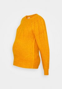 Leuchtend orangefarbener, langärmeliger gestrickter Umstandspullover mit geripptem Halsausschnitt, Bündchen und vertikaler Musterstruktur auf der Vorderseite und den Ärmeln.