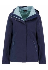 Navy waterproof jacket with a light blue inner lining. Features a hood, zippered pockets, and snap closures on the front.