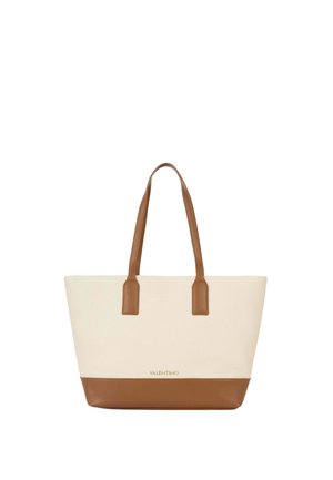 Beige and brown Valentino tote bag with two brown shoulder straps and gold logo on lower front panel.
