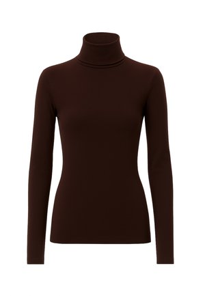 Maglione marrone a maniche lunghe con colletto a dolcevita, dalla silhouette aderente, texture liscia e dettagli di cucitura discreti attorno al collo e all'orlo.