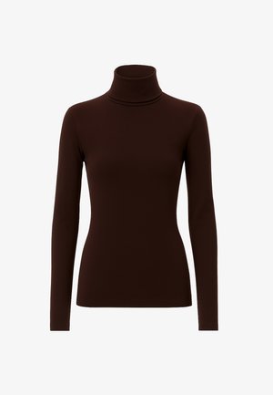 Maglione marrone a maniche lunghe con colletto a dolcevita, dalla silhouette aderente, texture liscia e dettagli di cucitura discreti attorno al collo e all'orlo.