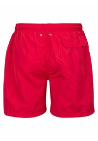 Rode zwembroek met elastische tailleband, één achterzak en een gladde, glanzende textuur. Casual ontwerp met een eenvoudige stijl.