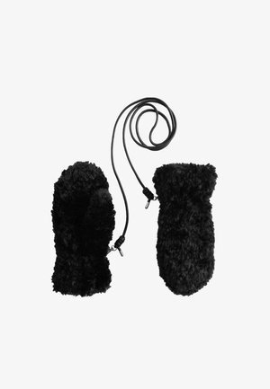 Schwarze, flauschige Fäustlinge, die durch einen schwarzen Kordelzug mit silbernen Schnallen verbunden sind. Die weiche Textur und die runde Form erhöhen die Wärme.