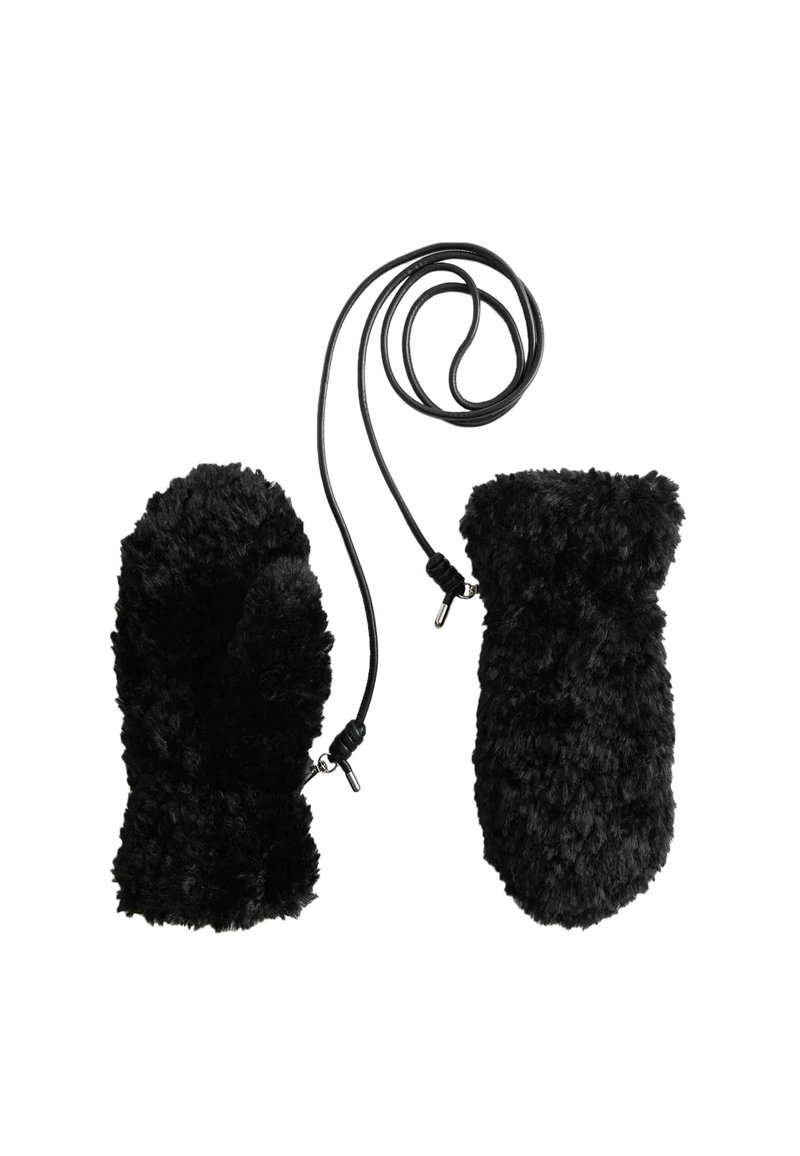 Schwarze Plüschhandschuhe mit einer weichen, flauschigen Textur, verbunden durch eine schwarze Schnur mit verstellbarer Hardware, entworfen für Wärme und Komfort.