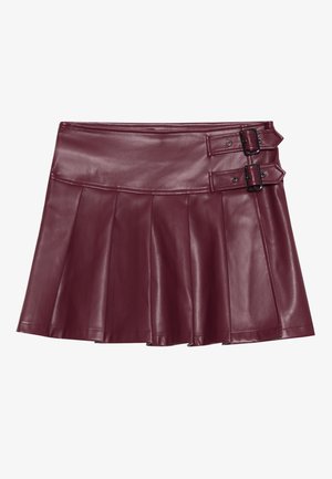 Burgundy leather pleated mini skirt with a fitted waistband, featuring dual side buckles for adjustment and smooth, glossy texture.
