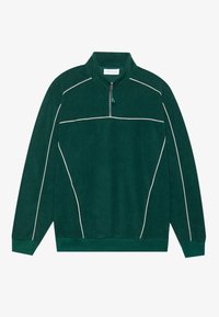 Felpa pullover verde scuro con mezza cerniera, bordi bianchi in contrasto e tessuto testurizzato. Presenta un colletto alto e polsini a coste.