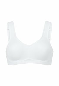 Witte beha van gladde stof met zachte cups, verstelbare bandjes en minimale stiksels voor een naadloze uitstraling. Geen patronen of hardwaren.