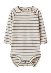 Bodysuit à rayures à manches longues en crème et bleu clair. Présente un détail de bouton en bois à l'épaule et des fermetures à pression au bas. Tissu doux.