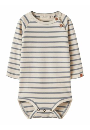 Bodysuit à rayures à manches longues en crème et bleu clair. Présente un détail de bouton en bois à l'épaule et des fermetures à pression au bas. Tissu doux.