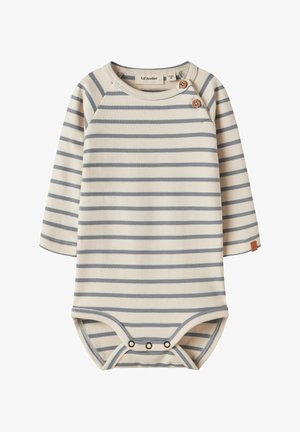 Body de manga larga a rayas en color crema y azul claro. Presenta un detalle de botones de madera en el hombro y cierres a presión en la parte inferior. Tejido suave.