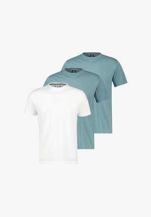 Drei schlichte T-Shirts mit Rundhalsausschnitt, zwei in hellem Türkis und eines in Weiß, überlappend auf weißem Hintergrund angeordnet.