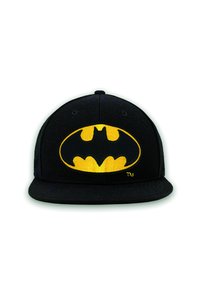 Black baseball cap featuring a prominent yellow Batman logo on the front. Structured shape with a flat brim and textured fabric.