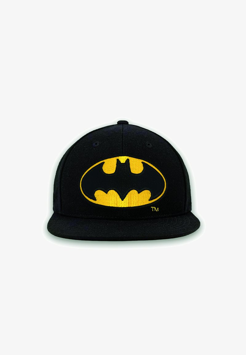 Black baseball cap featuring a prominent yellow Batman logo on the front. Structured shape with a flat brim and textured fabric.