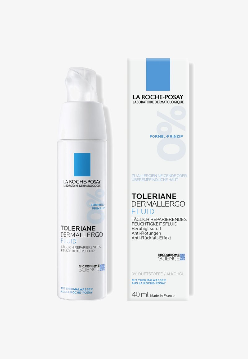 La Roche-Posay Toleriane Dermallergo Fluid skincare bottle and box with blue accents, 40ml, for sensitive, allergy-prone skin, fragrance-free.