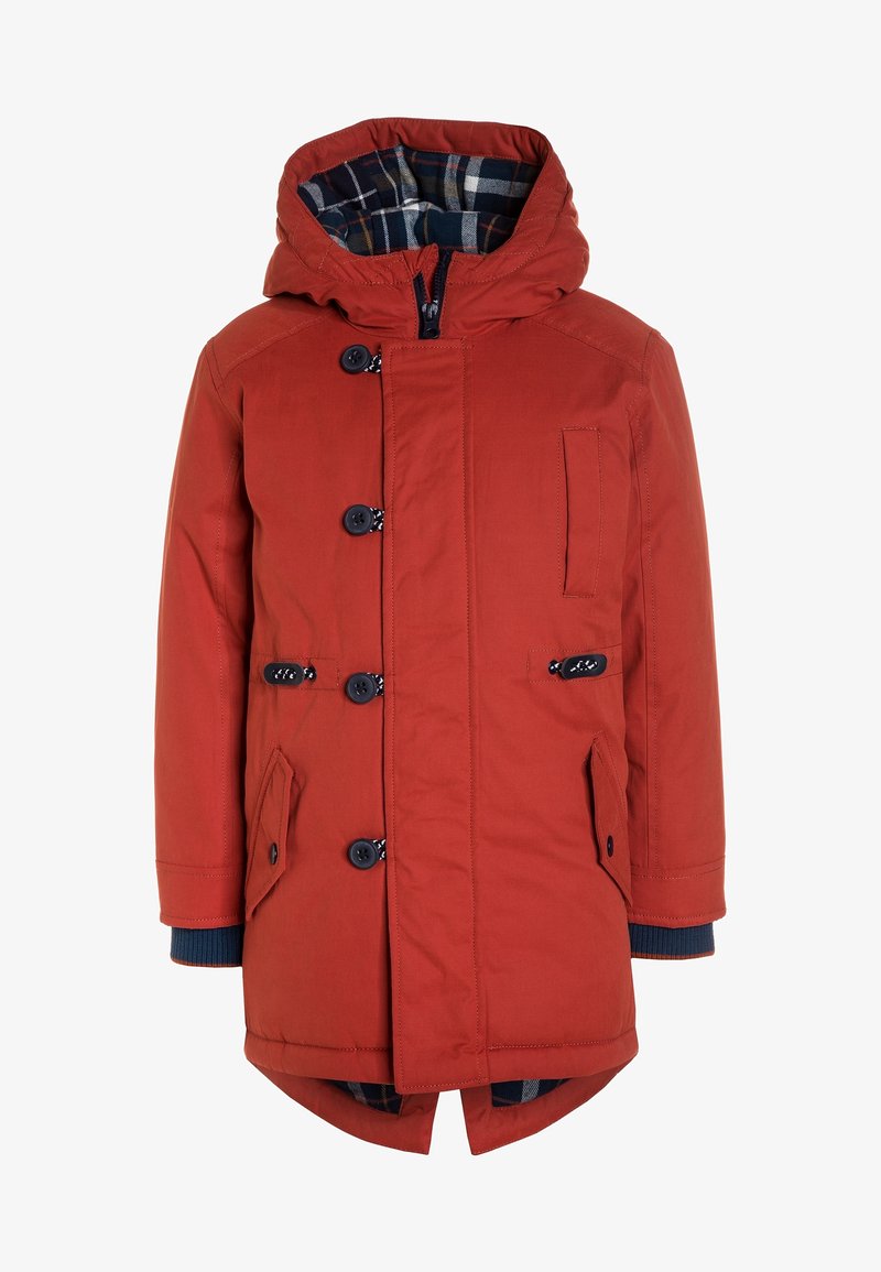 Parka d'hiver rouge avec capuche, fermeture par boutons et zip, doublure intérieure à carreaux et plusieurs poches avant, conçue pour temps froid.