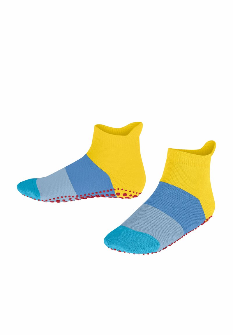 Bunte Knöchelsocken mit gelben, blauen und hellblauen Abschnitten, einer türkisfarbenen Zehe und rotem Punktgriff an der Sohle.