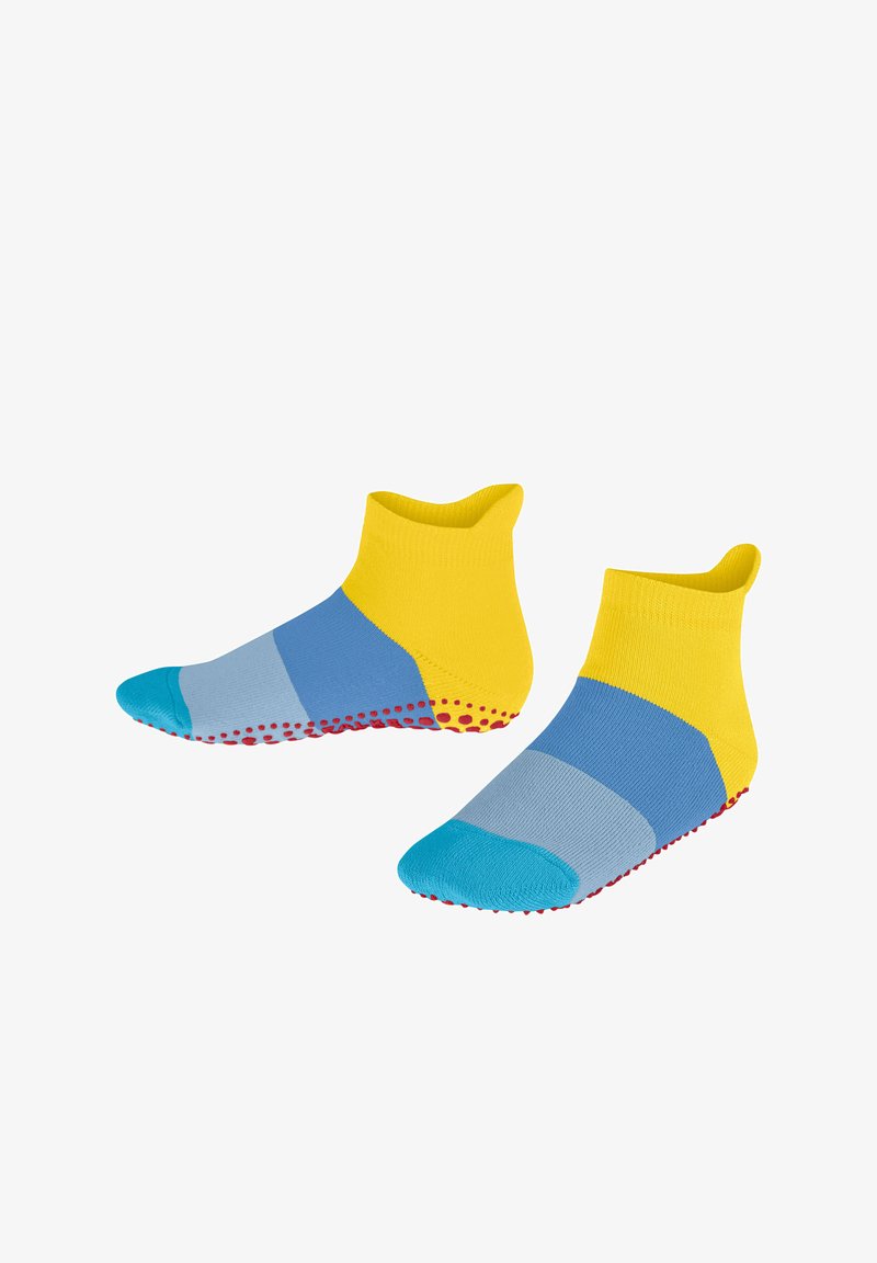 Kleurvolle enkelsokken met gele, blauwe en lichtblauwe secties, een turquoise teen en rode stippen voor grip op de zool.