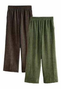Zwei Paar aus Cord-Hosen, eine dunkelbraun und eine olivgrün, mit einem elastischen Taillenbund und einem weiten Beindesign. Strukturierte vertikale Streifen.
