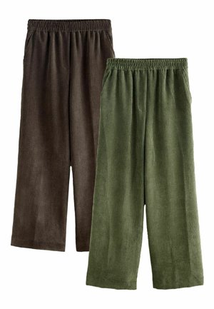Zwei Paar aus Cord-Hosen, eine dunkelbraun und eine olivgrün, mit einem elastischen Taillenbund und einem weiten Beindesign. Strukturierte vertikale Streifen.