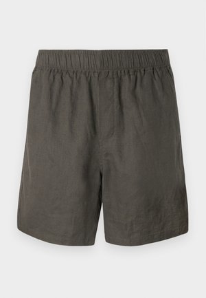 Shorts di lino grigio scuro con vita elastica, caratterizzati da un design semplice e una vestibilità dritta, completati da tasche laterali con fessura.
