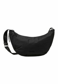 Borsa a spalla nera realizzata in tessuto nylon liscio, con forma arrotondata, tracolla regolabile e chiusura con zip sopra, con branding minimal.
