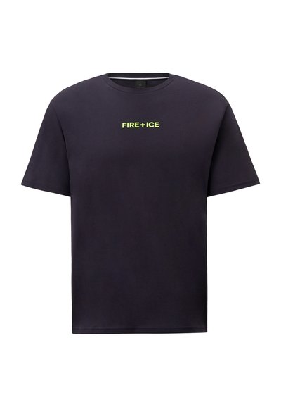Námořnická modrá bavlněná tričko s kulatým výstřihem a krátkými rukávy. Logo "FIRE + ICE" v živé žlutozelené barvě umístěné ve středu na hrudi.
