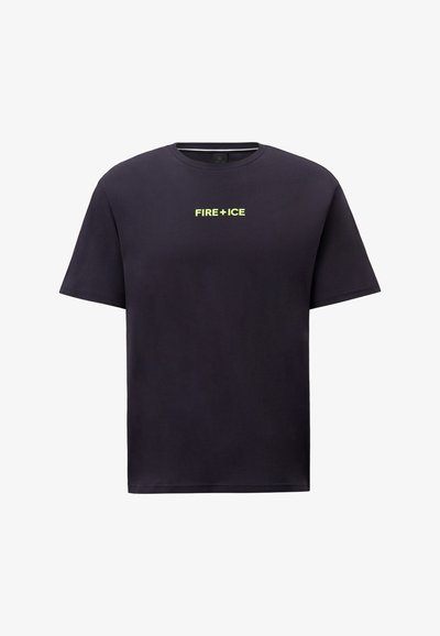 Navy blue cotton t-shirt featuring a round neckline and short sleeves. "FIRE + ICE" logo in vibrant yellow-green centered on the chest.