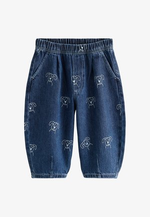Blaue Jeans mit elastischem Bund und Vordertaschen, verziert mit wiederholten weißen bestickten Hundegesichtern.
