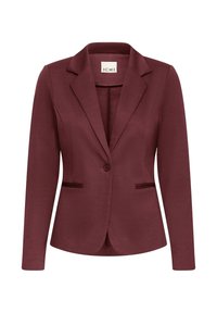 Blazer burdeos con corte entallado, cierre de un botón, cuello con solapa y dos bolsillos frontales. Tejido suave con un sutil brillo.