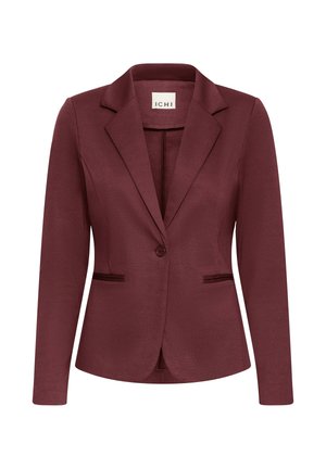 Blazer burdeos con corte entallado, cierre de un botón, cuello con solapa y dos bolsillos frontales. Tejido suave con un sutil brillo.